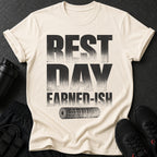 Cream t-shirt with distressed black text "REST DAY EARNED-ISH" and a rolled mat.