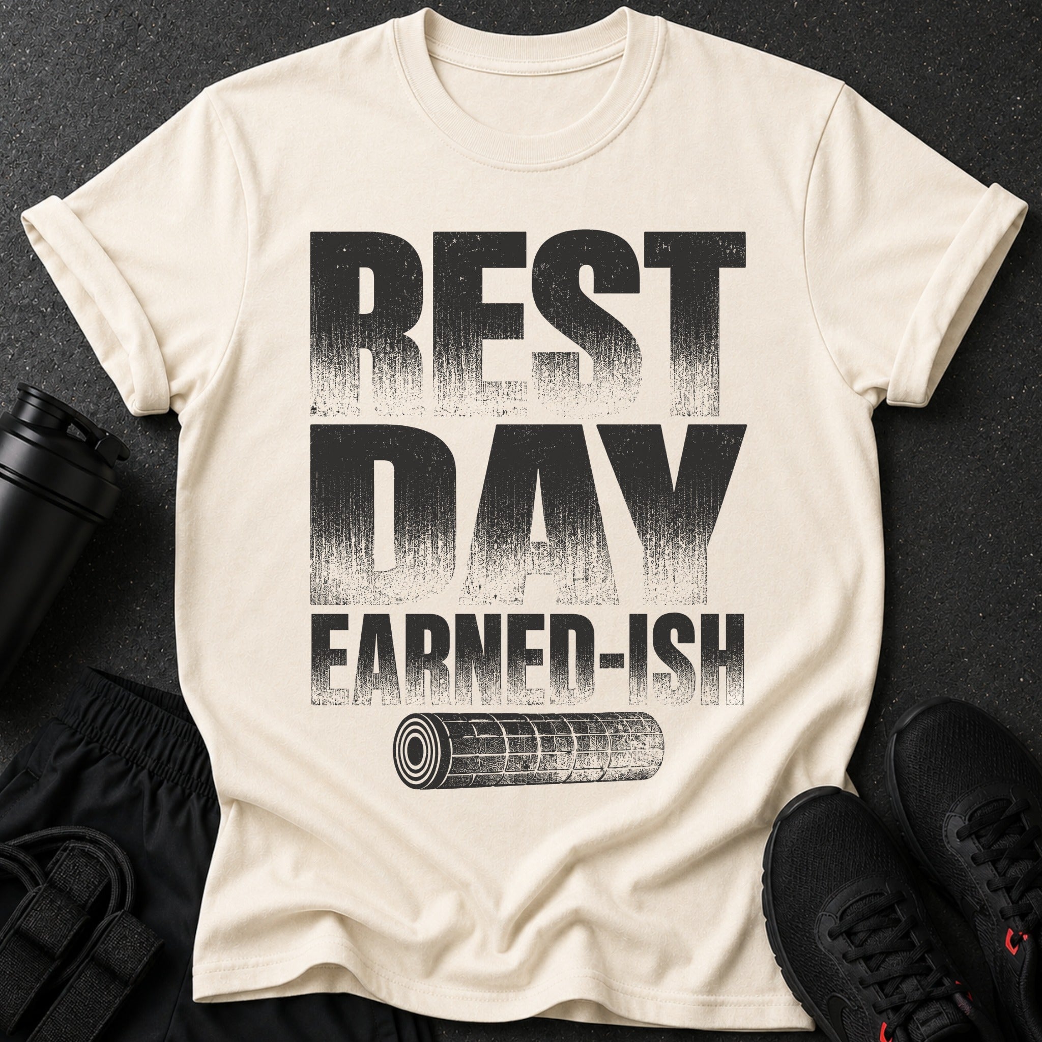 Cream t-shirt with distressed black text "REST DAY EARNED-ISH" and a rolled mat.