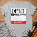 Gray t-shirt with "Pre-Workout" warning and side effects text.