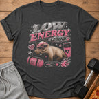 T-shirt graphic of cat with sunglasses and headband on dumbbell, reading "Low Energy Legend".
