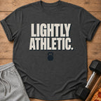 Dark gray t-shirt with "LIGHTLY ATHLETIC." text and a kettlebell icon.