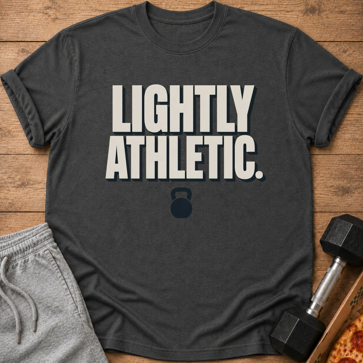 Dark gray t-shirt with "LIGHTLY ATHLETIC." text and a kettlebell icon.