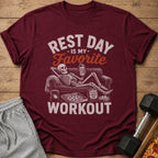 T-shirt with skeleton on couch, pizza, chips, and text "Rest Day Is My Favorite Workout".