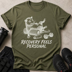 T-shirt with distressed graphic of a raccoon on foam roller and dumbbells. Text reads "RECOVERY FEELS PERSONAL".