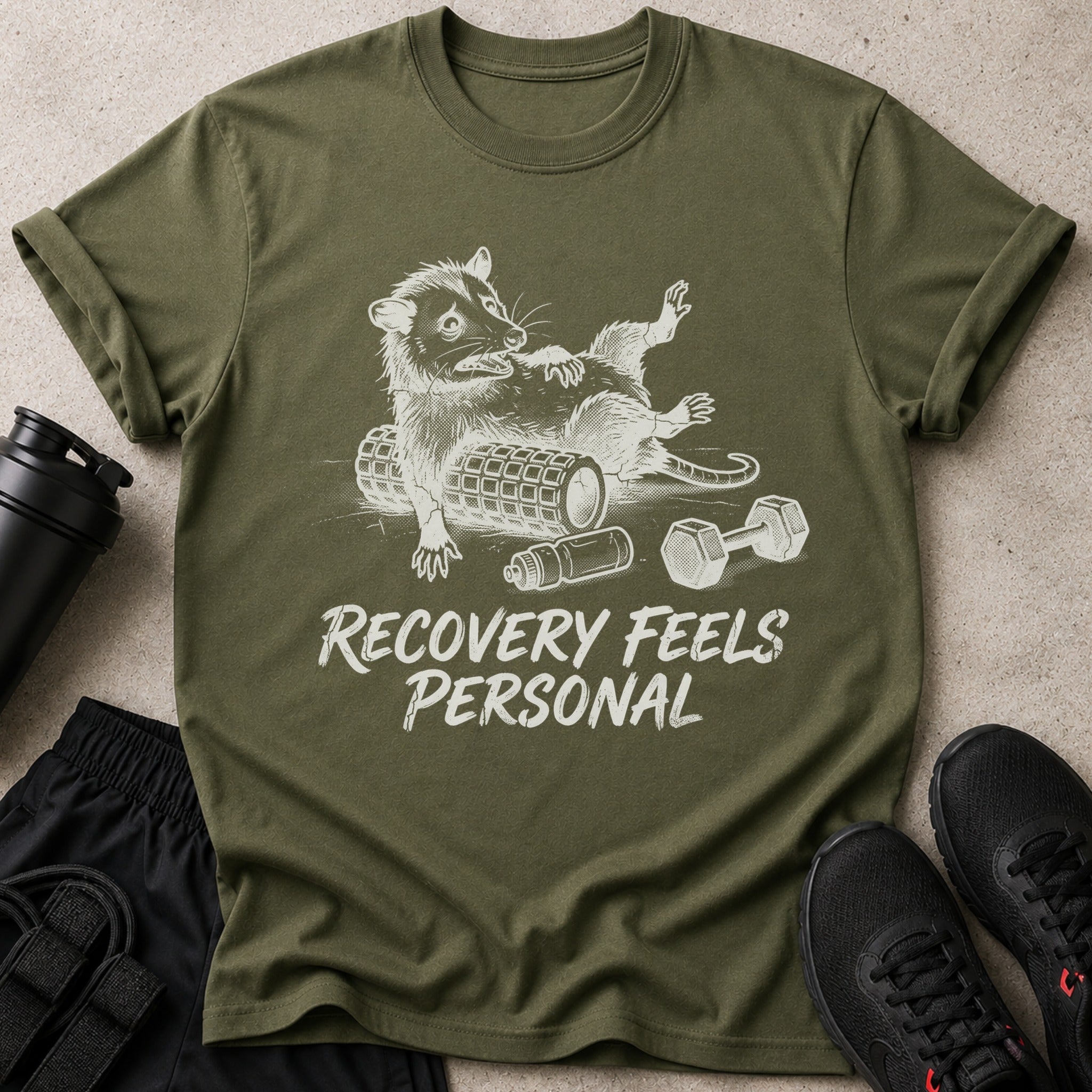 T-shirt with distressed graphic of a raccoon on foam roller and dumbbells. Text reads "RECOVERY FEELS PERSONAL".