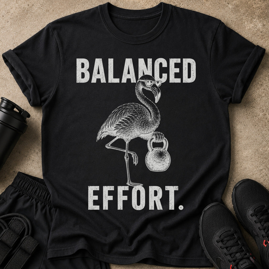 Black t-shirt with distressed "BALANCED EFFORT." text and a flamingo holding a dumbbell.