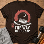 Brown t-shirt with "The Way Of The Nap" graphic, moon, and foam roller.