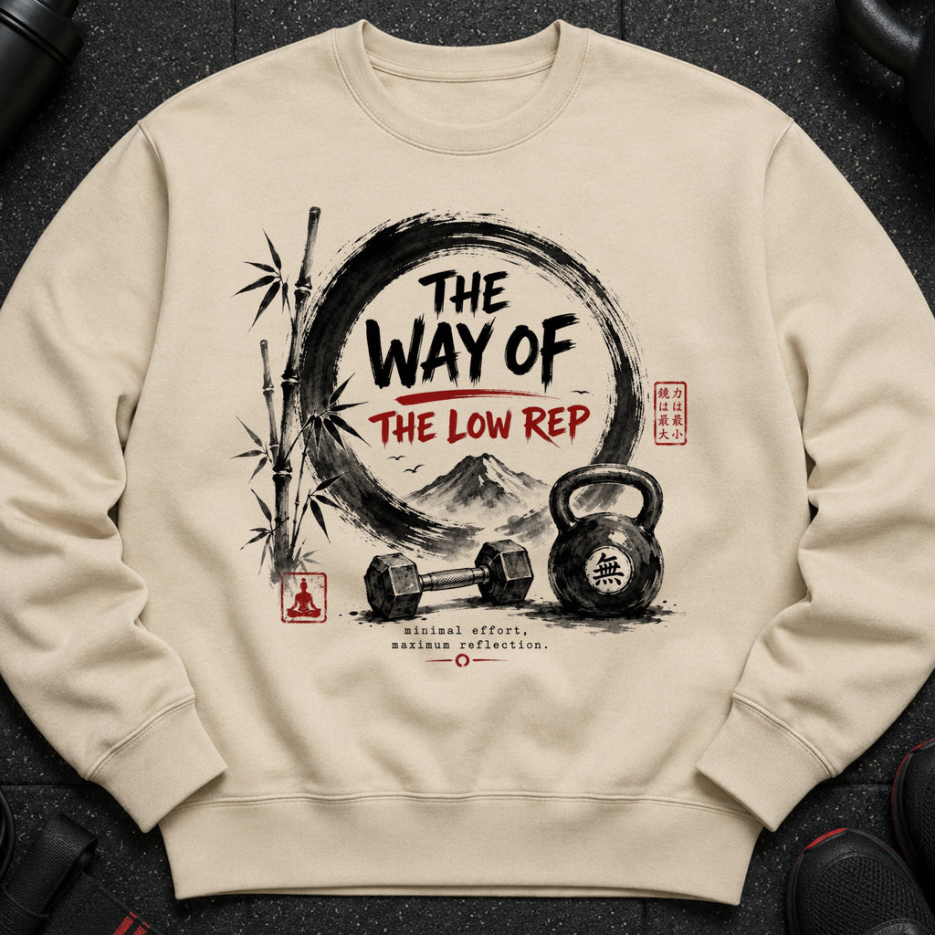 Crewneck sweatshirt with Japanese-inspired graphic of weights, bamboo, and mountains.