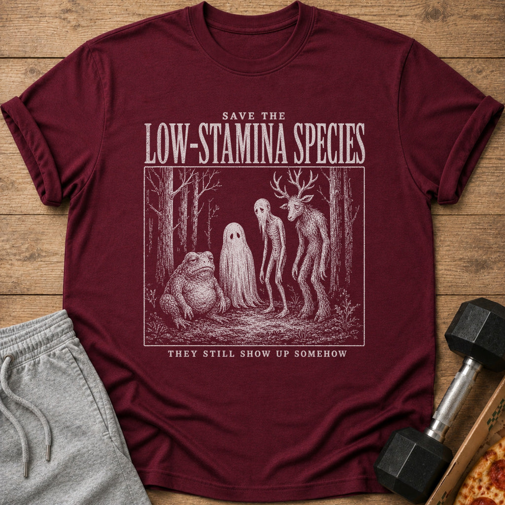 Maroon t-shirt with "Save the Low-Stamina Species" and forest creatures.