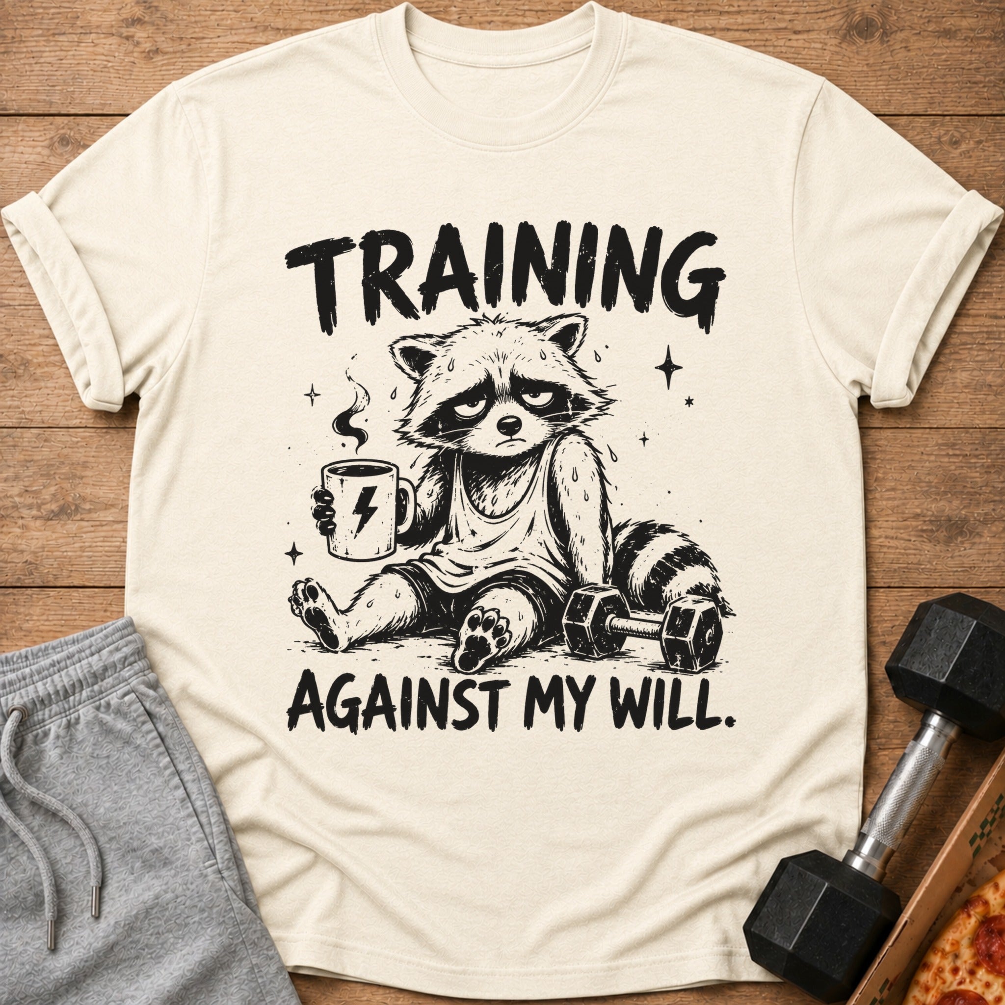 T-shirt graphic of a tired raccoon holding coffee, with dumbbells and pizza.