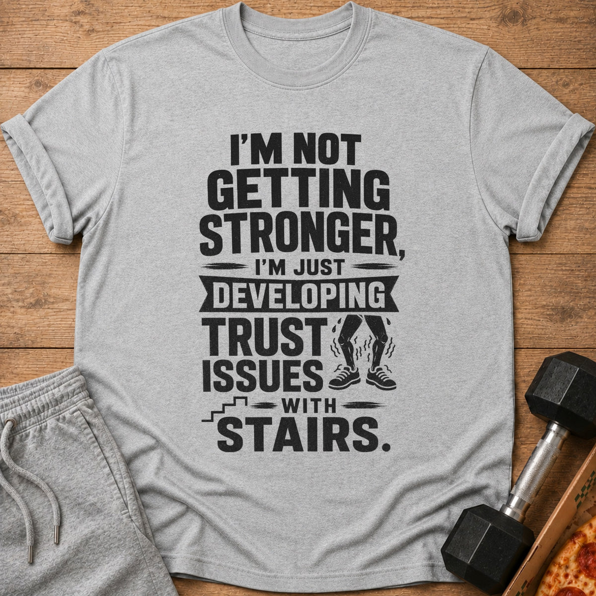 Gray t-shirt with text "I'M NOT GETTING STRONGER, I'M JUST DEVELOPING TRUST ISSUES WITH STAIRS."