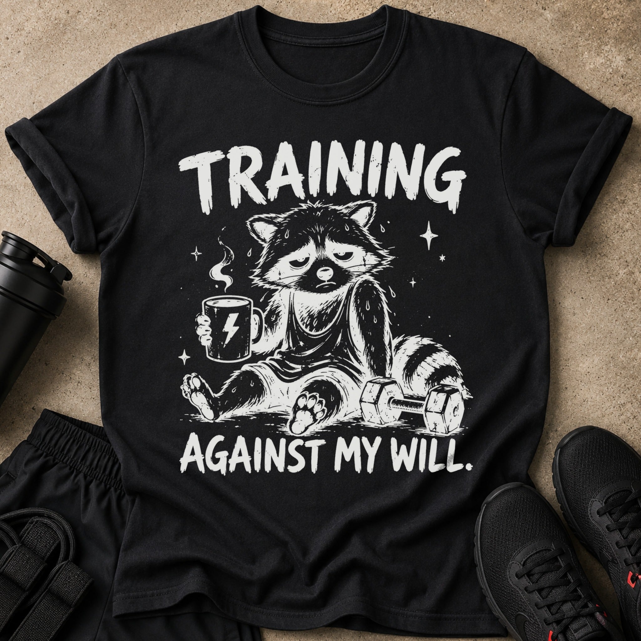 Black t-shirt with a tired raccoon holding a coffee mug and dumbbells, text reads "TRAINING AGAINST MY WILL."