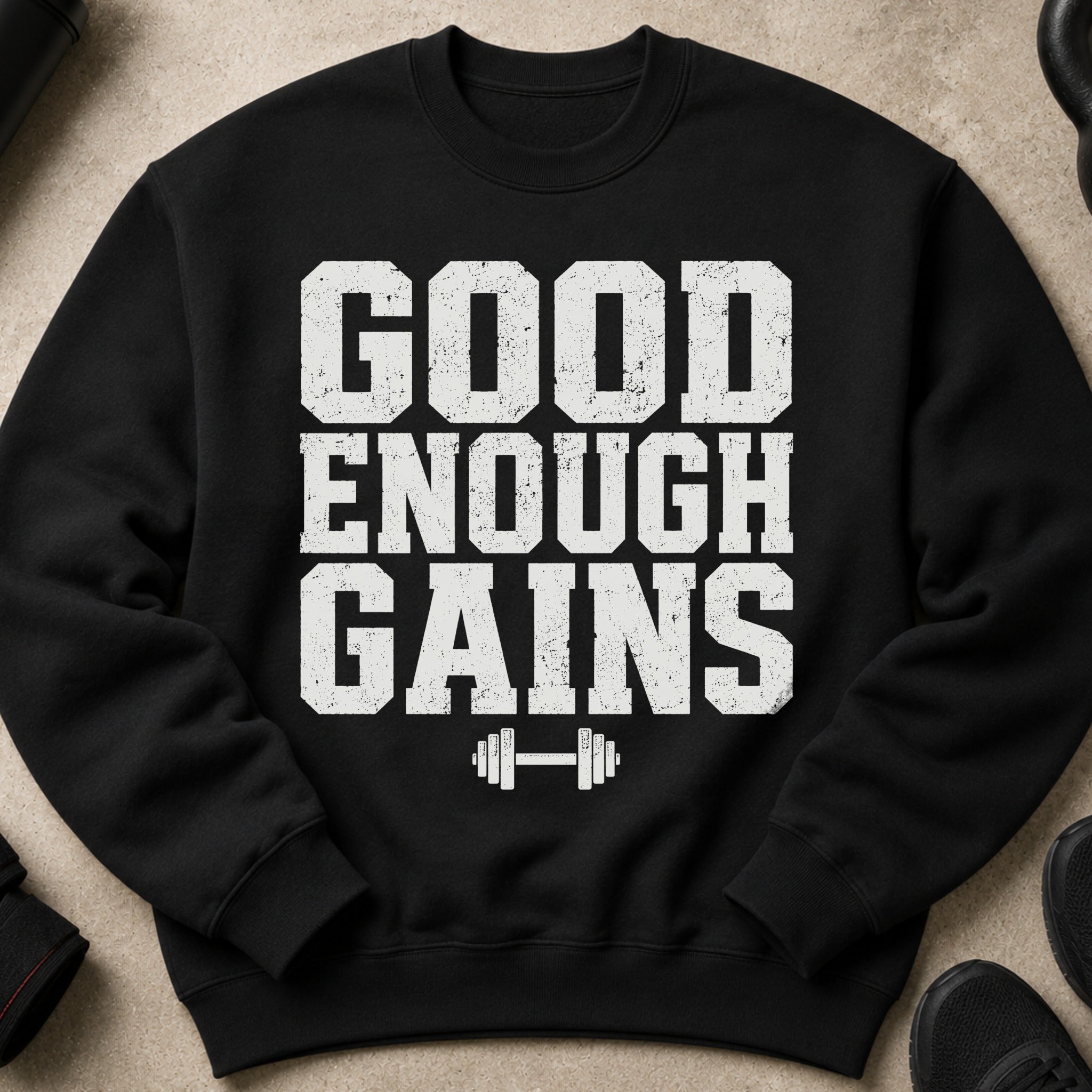 Black crewneck sweatshirt with distressed white text "GOOD ENOUGH GAINS" and a dumbbell graphic.