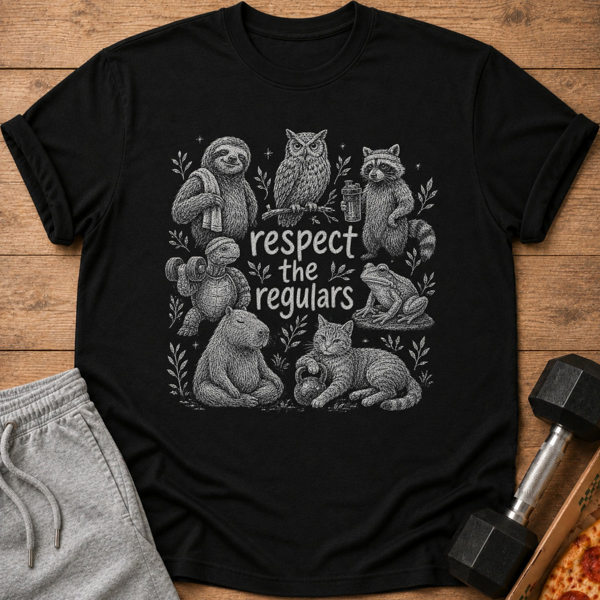 Black t-shirt with "respect the regulars" text and illustrations of animals.
