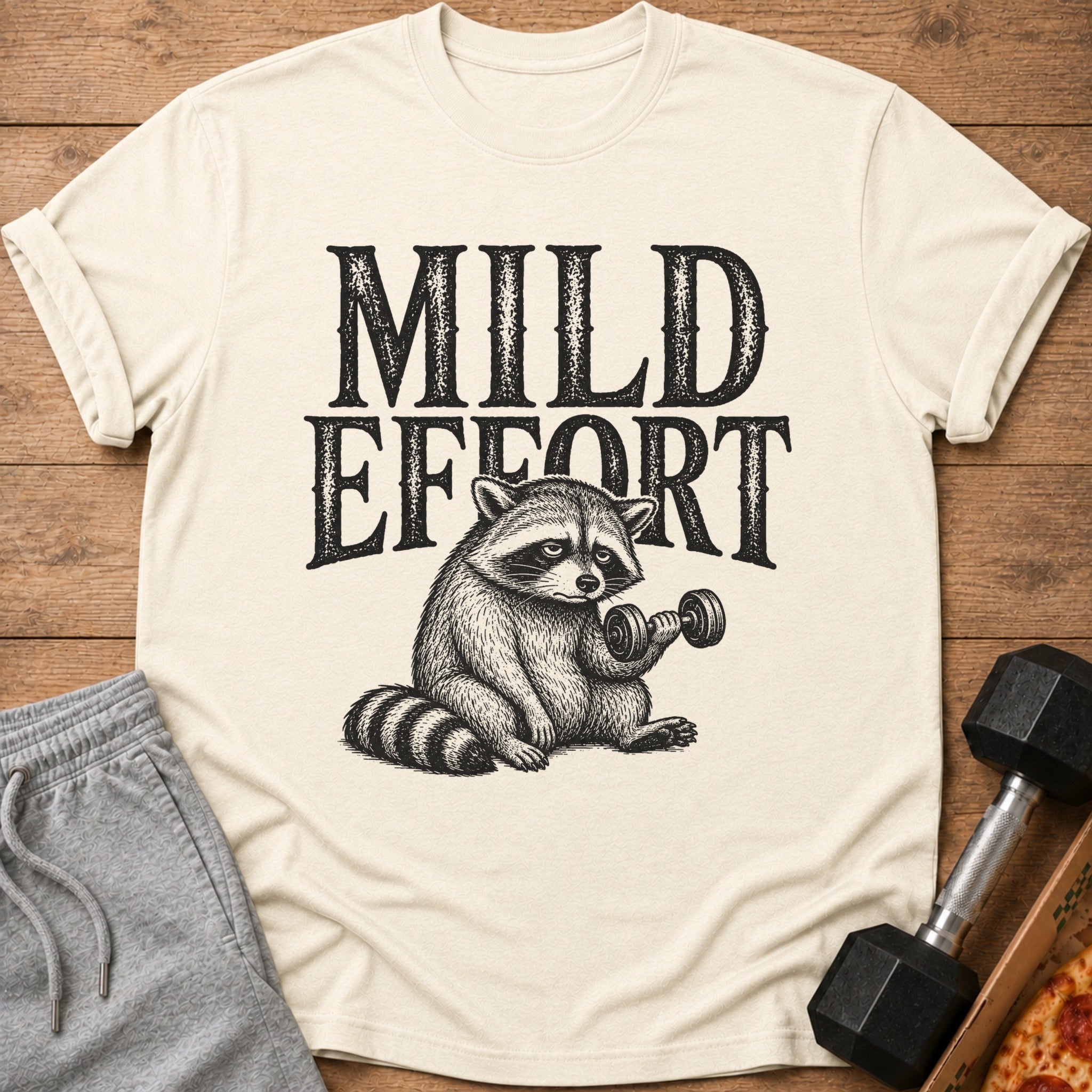 T-shirt with "Mild Effort" text and raccoon lifting dumbbell illustration.