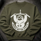 Olive green sweatshirt with white snooze button athlete sloth graphic.
