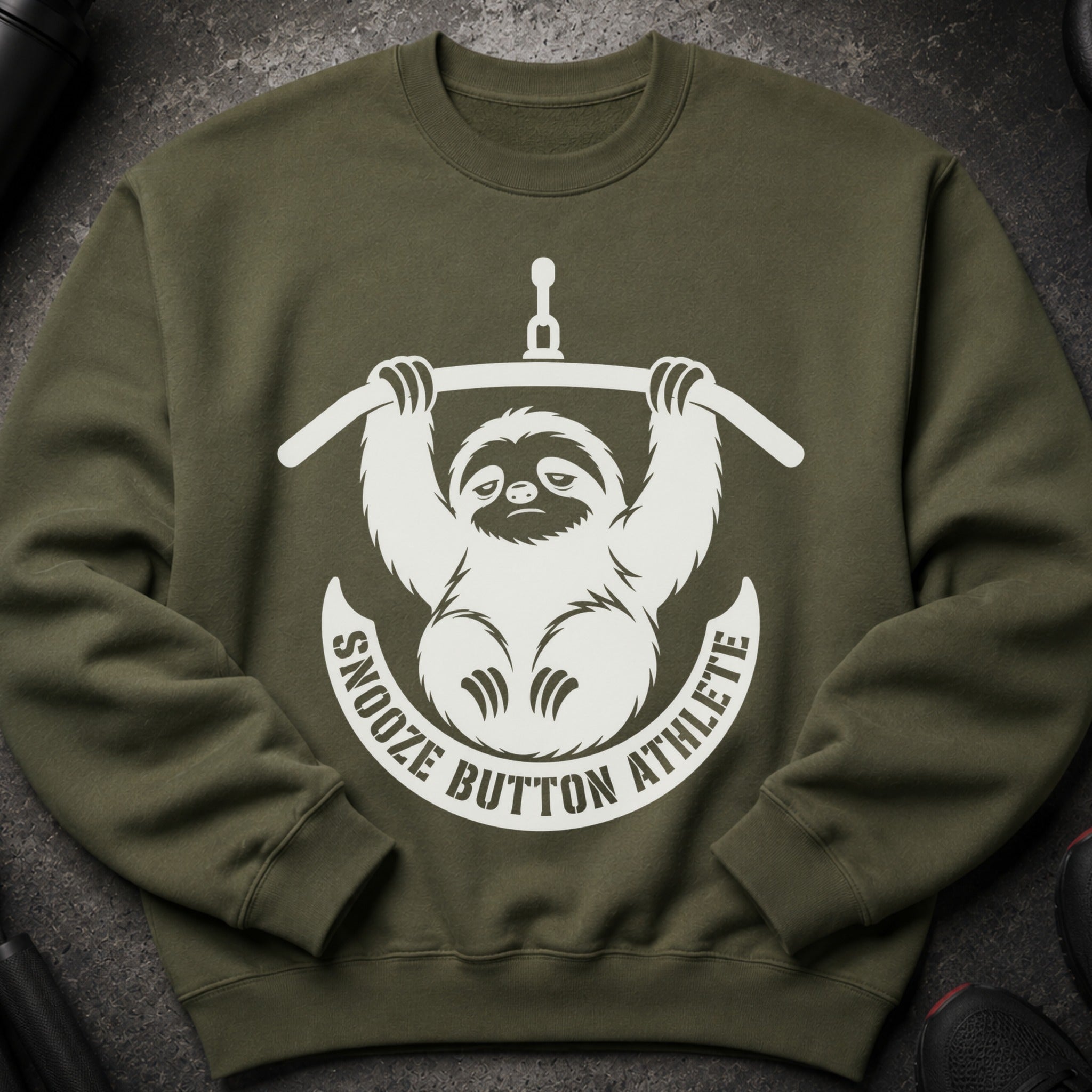 Olive green sweatshirt with white snooze button athlete sloth graphic.