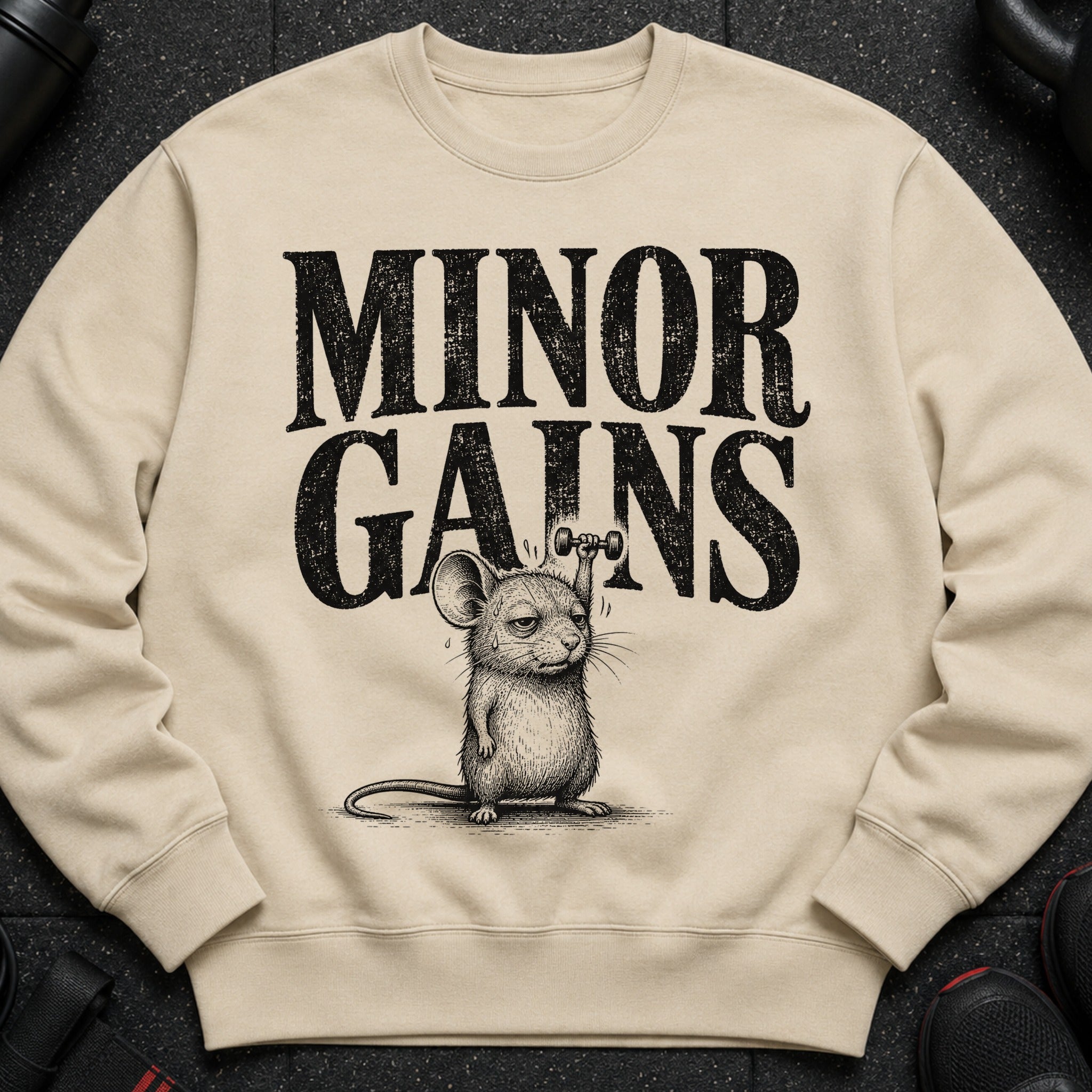 Crewneck sweatshirt with text "MINOR GAINS" and drawing of mouse lifting dumbbell.