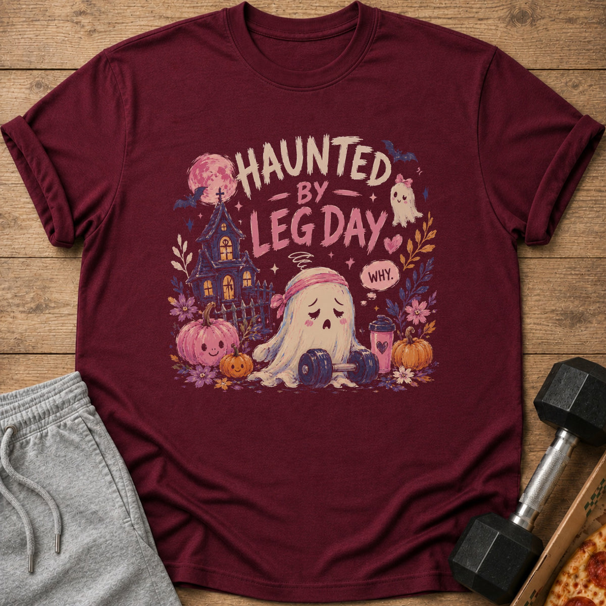 T-shirt with "Haunted by Leg Day. Why." text, ghost, and Halloween motifs.