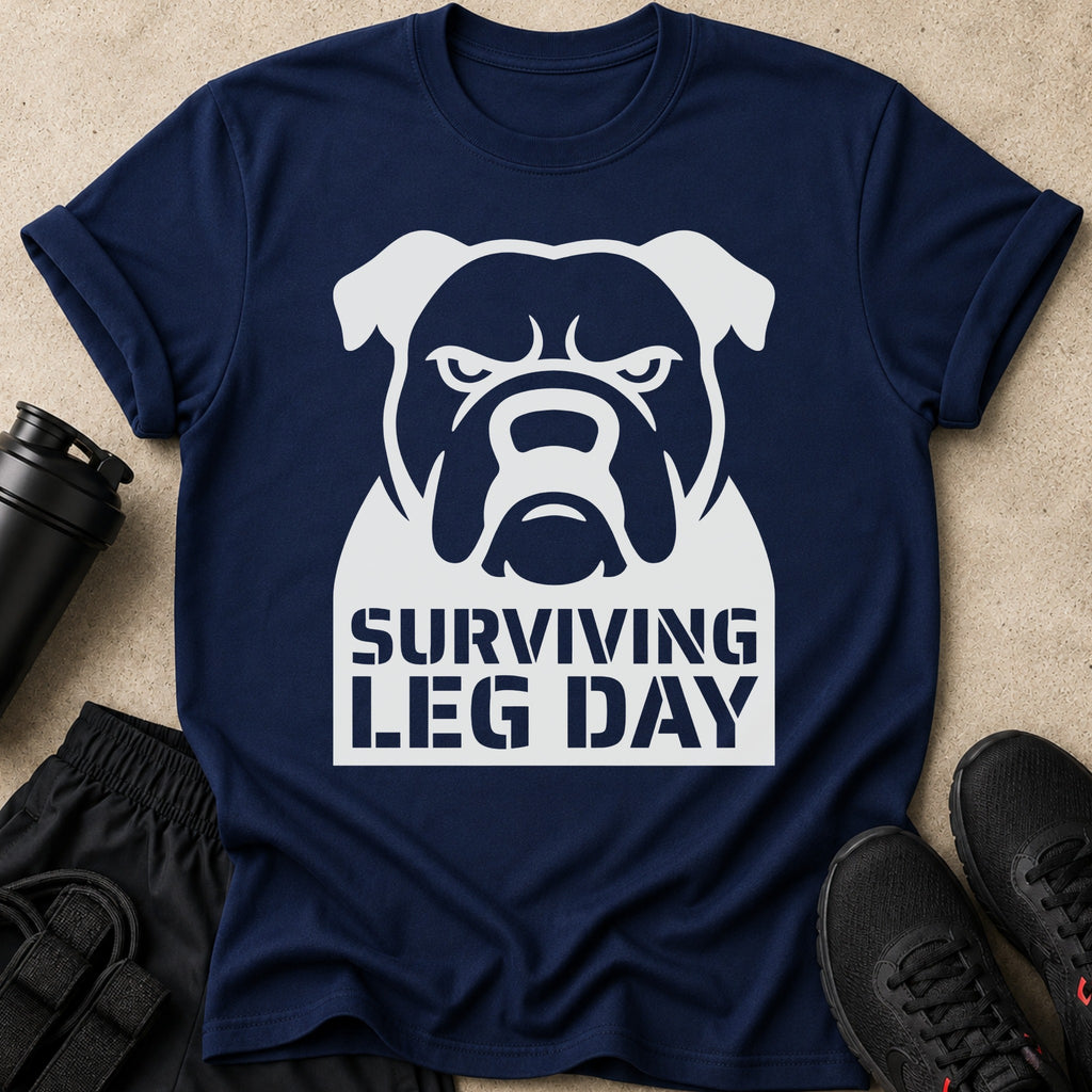 Navy t-shirt with white text "SURVIVING LEG DAY" and an angry bulldog graphic.