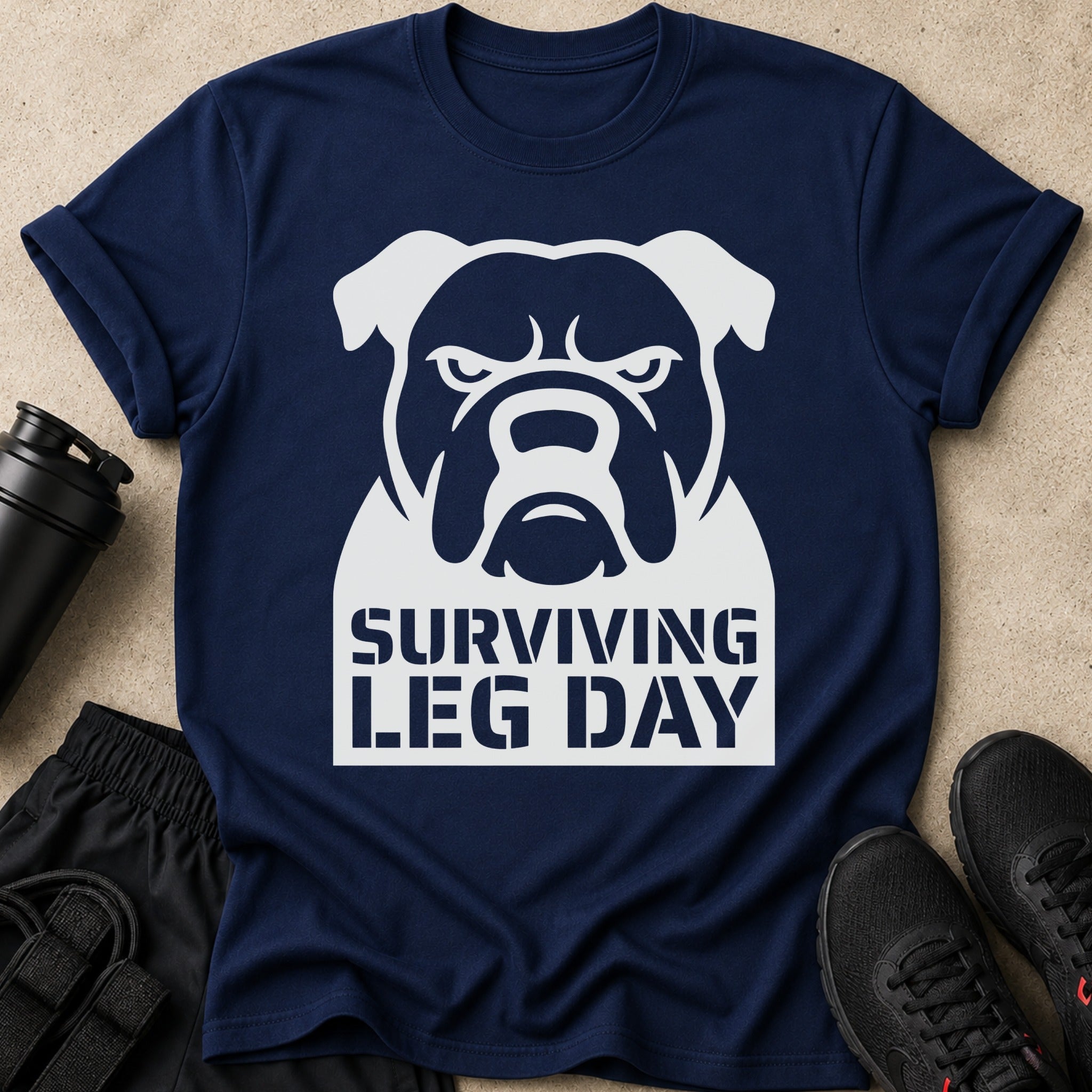 Navy t-shirt with white text "SURVIVING LEG DAY" and an angry bulldog graphic.