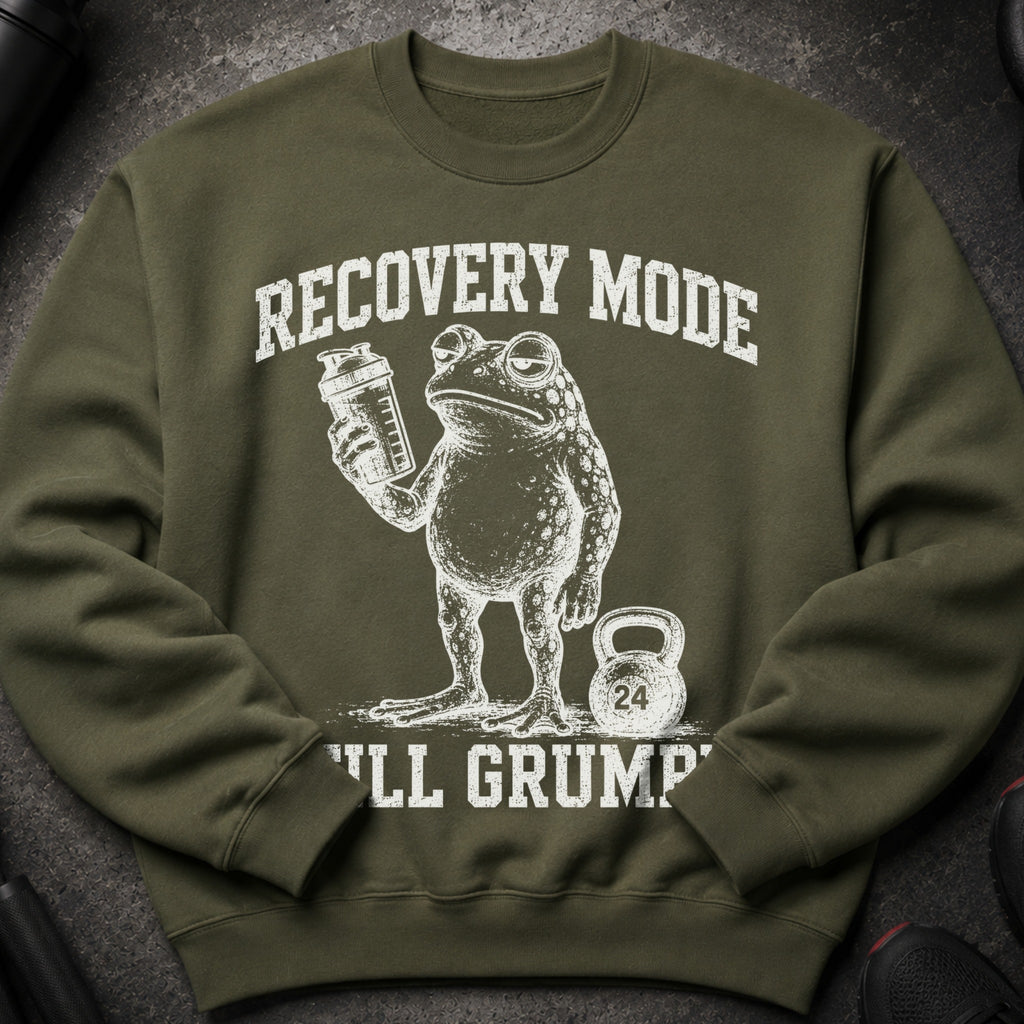 Green sweatshirt with a frog holding a shaker, text "RECOVERY MODE" and "I'LL GRUMP".