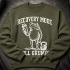 Green sweatshirt with a frog holding a shaker, text "RECOVERY MODE" and "I'LL GRUMP".