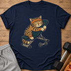 Navy t-shirt with a graphic of a tired cat on a weight bench.