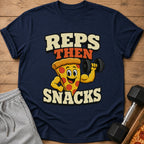 Navy t-shirt with "REPS THEN SNACKS" text and a cartoon pizza lifting weights.