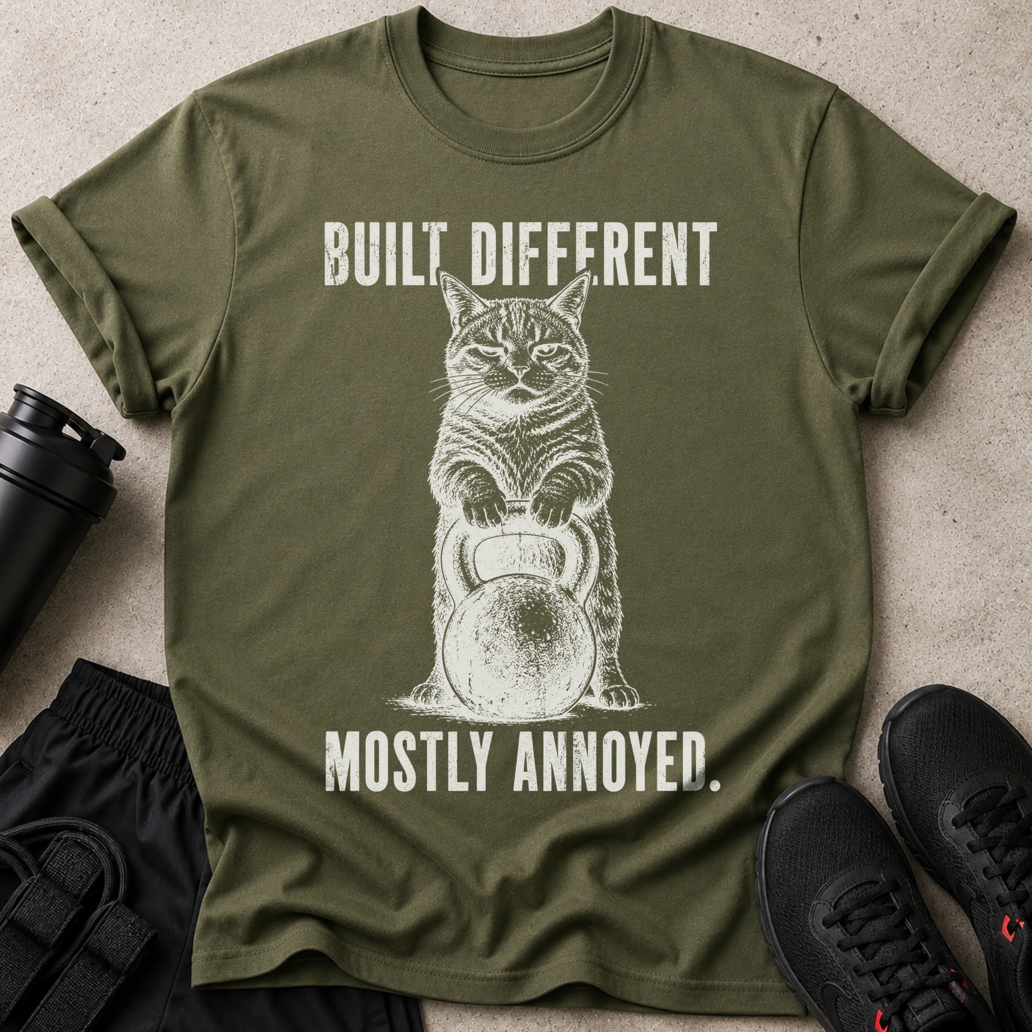 Green t-shirt with a cat holding a kettlebell and the text "BUILT DIFFERENT MOSTLY ANNOYED."