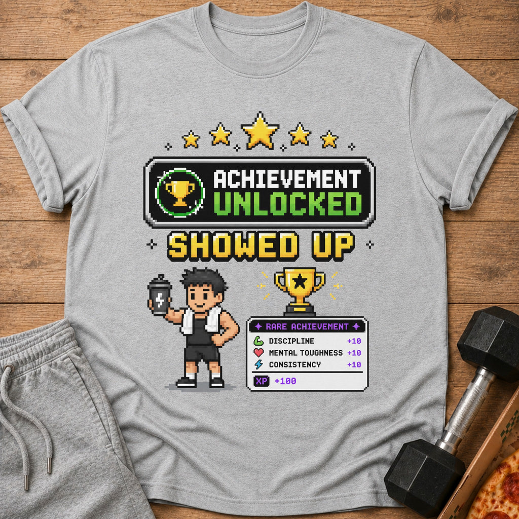 Grey t-shirt with pixelated "Achievement Unlocked Showed Up" graphic and stats.