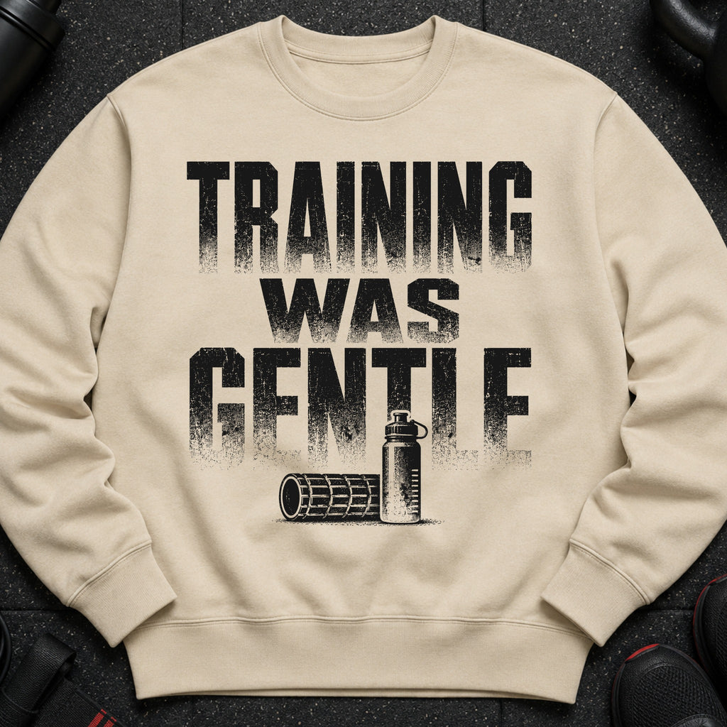 Beige sweatshirt with black distressed text "TRAINING WAS GENTLE" and graphics.