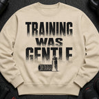 Beige sweatshirt with black distressed text "TRAINING WAS GENTLE" and graphics.