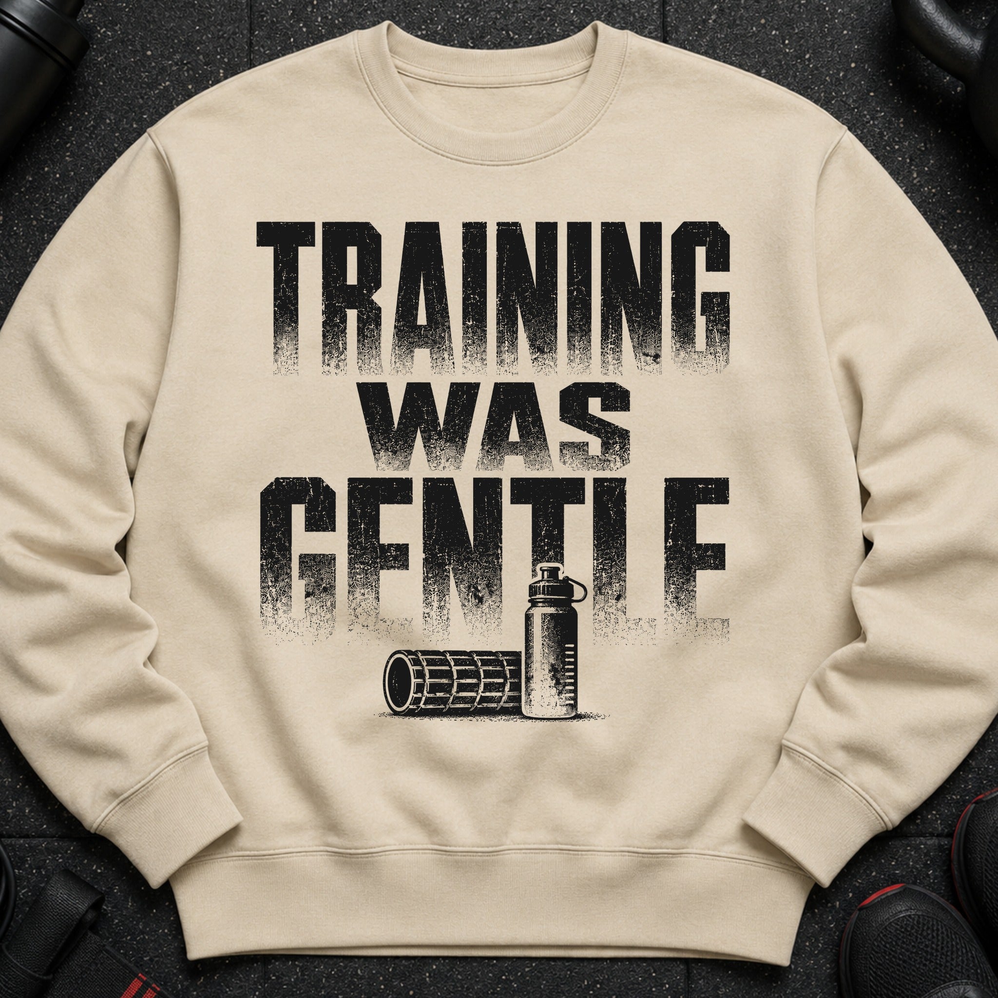 Beige sweatshirt with black distressed text "TRAINING WAS GENTLE" and graphics.
