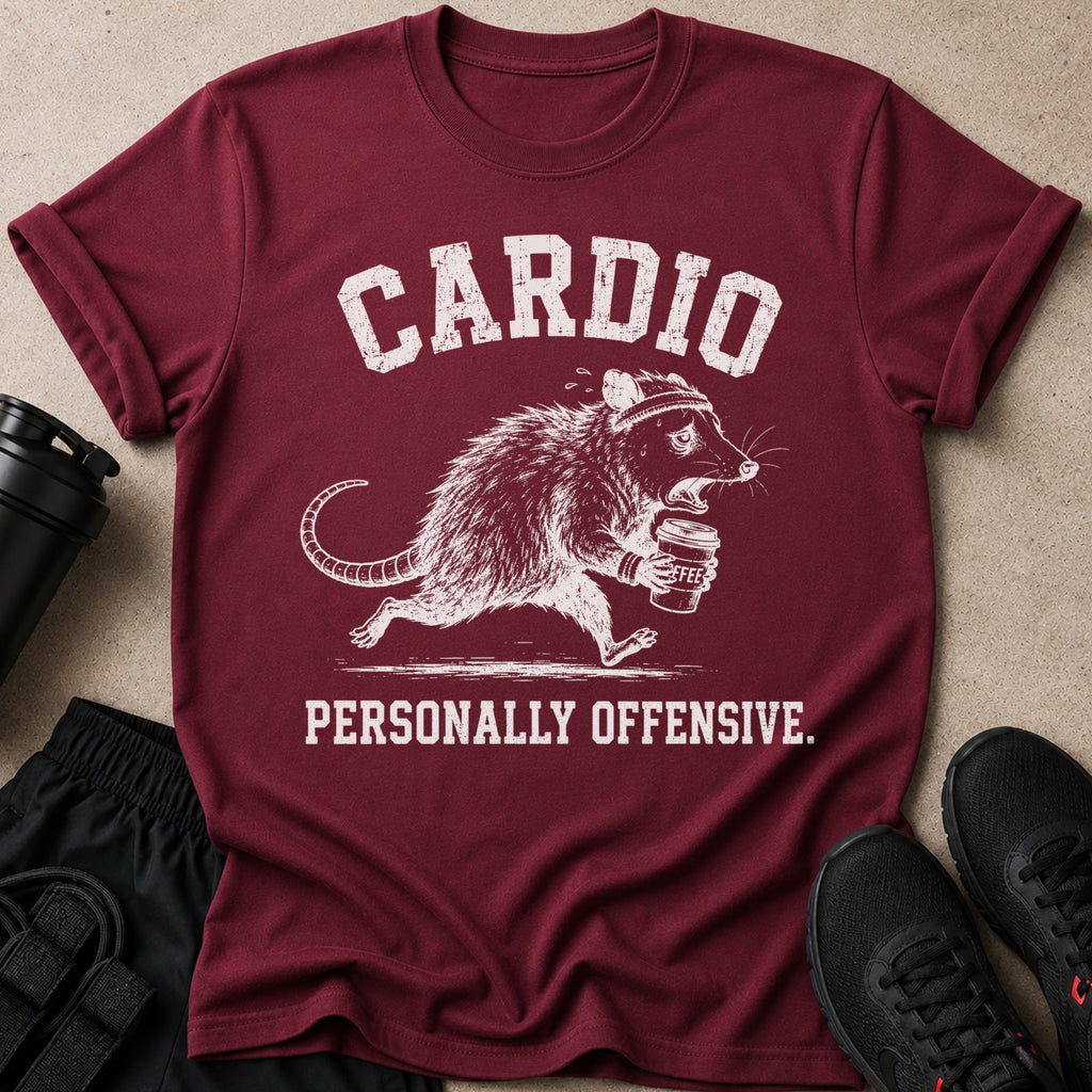 Maroon t-shirt with distressed white text "CARDIO" above a running rat holding coffee.