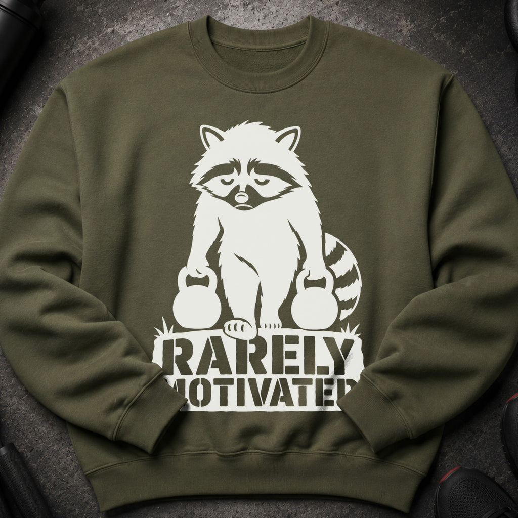 Green sweatshirt with a white graphic of a raccoon holding dumbbells and the text "Rarely Motivated".