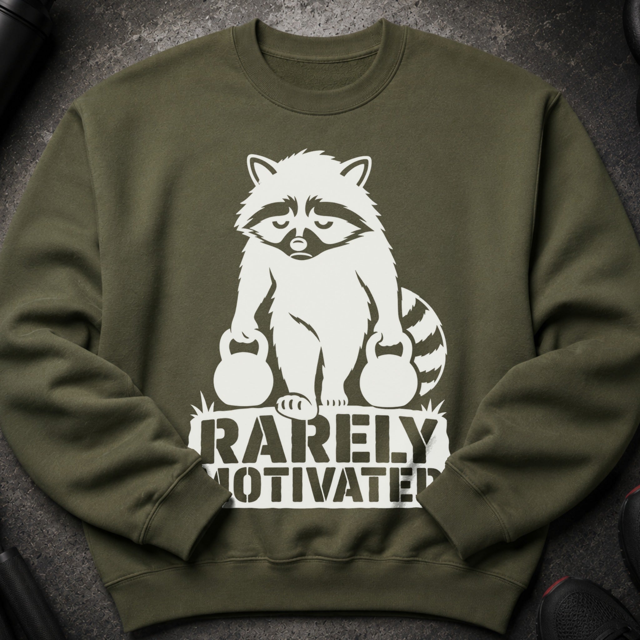 Green sweatshirt with a white graphic of a raccoon holding dumbbells and the text "Rarely Motivated".