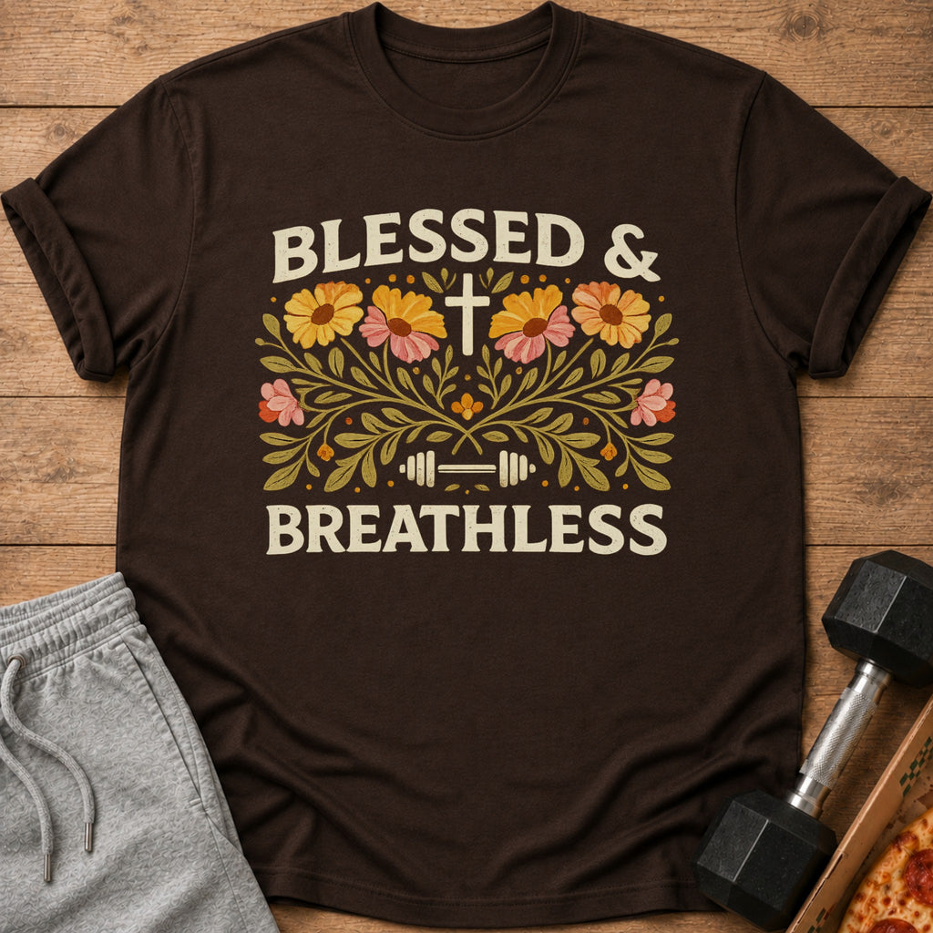 Brown t-shirt with "BLESSED & BREATHLESS" text, floral design, cross, and barbell.