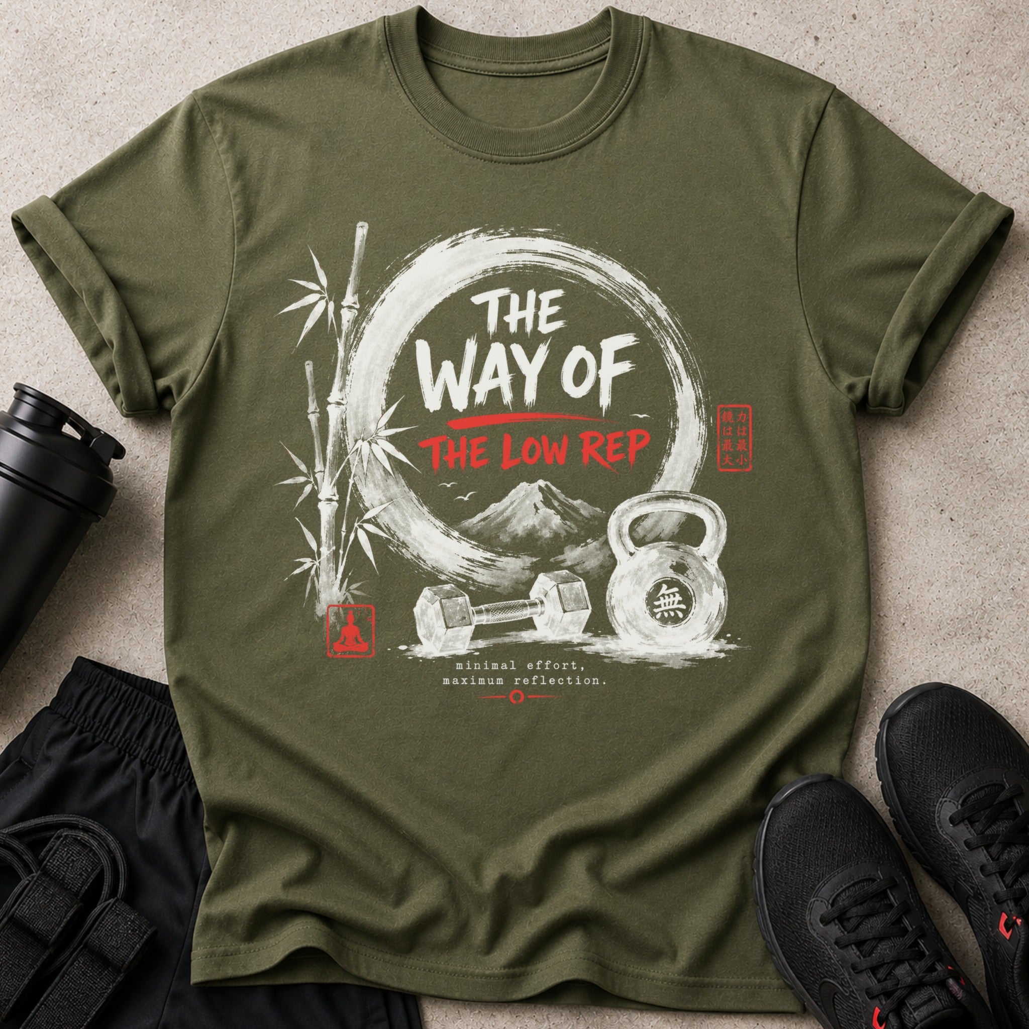 Olive t-shirt with "The Way of The Low Rep" graphic and Japanese text.