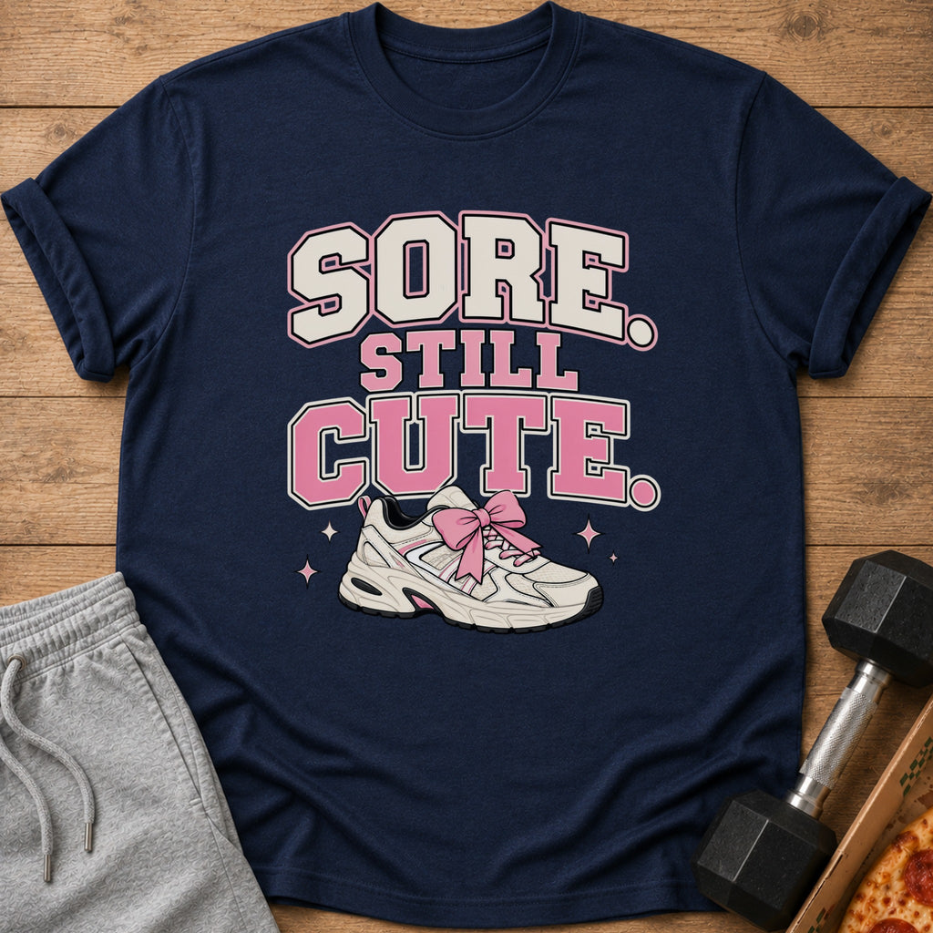 Navy t-shirt with "Sore Still Cute" text and a sneaker with a pink bow.
