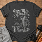Dark t-shirt with "Midnight Muscle Tonic" text and potion-making ingredients illustration.