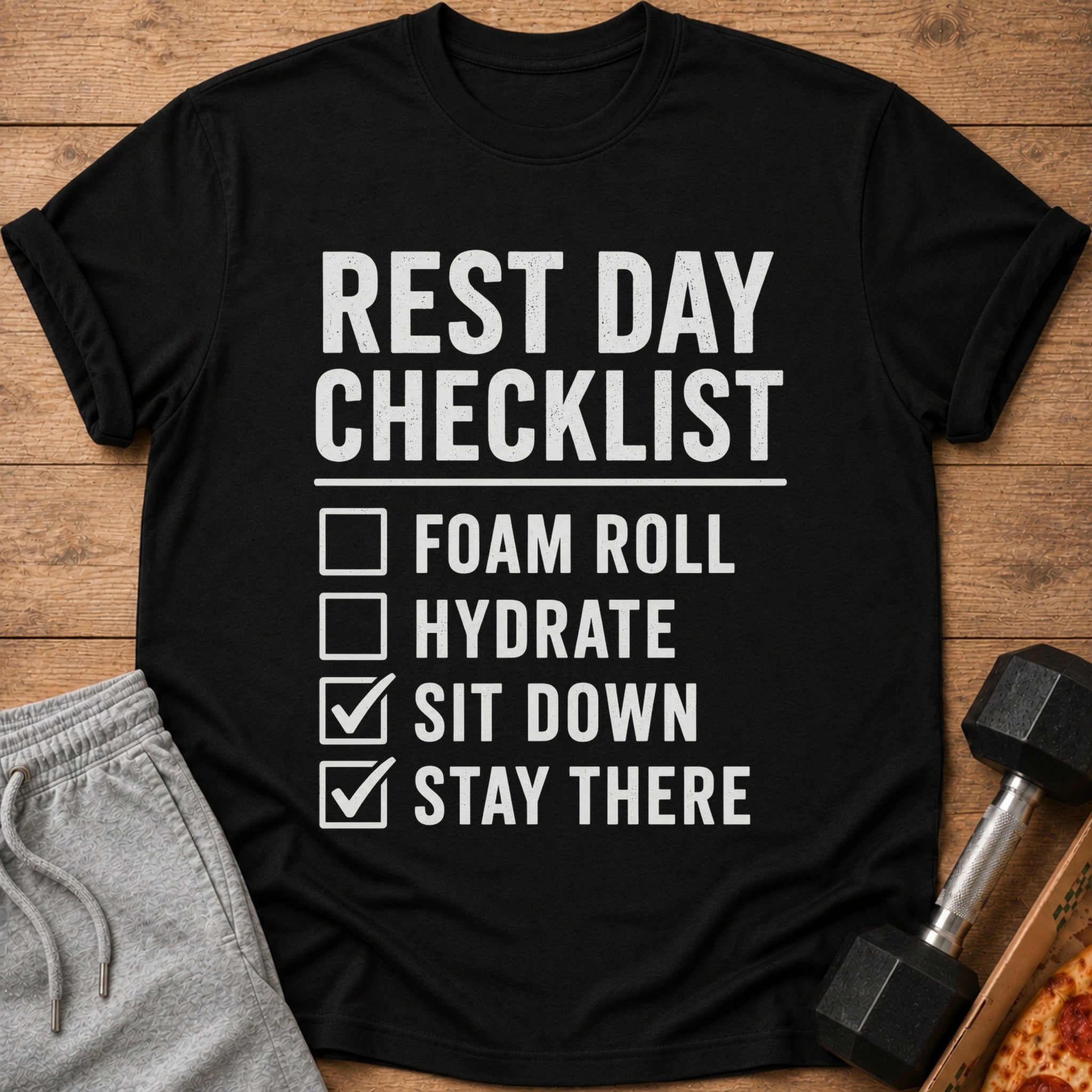 Black t-shirt with "Rest Day Checklist" and humorously checked items.