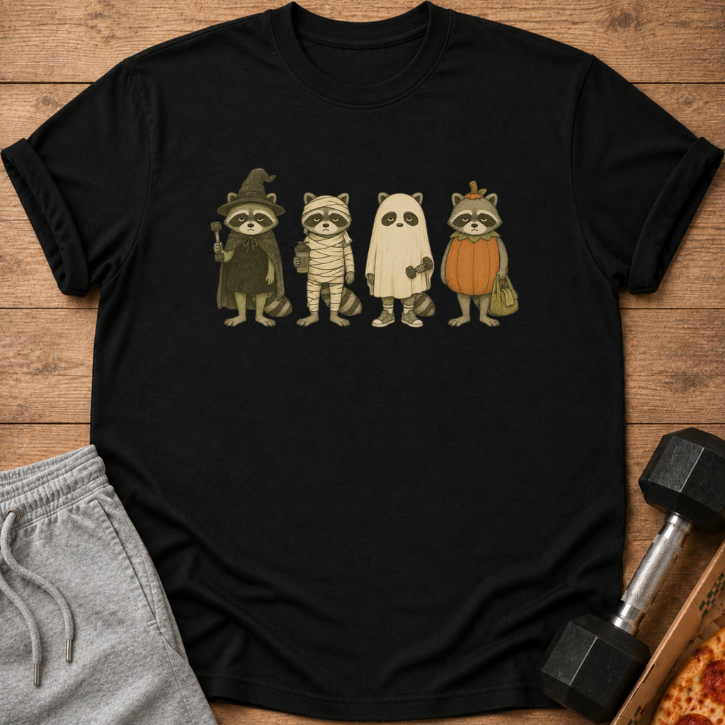 Four raccoons in Halloween costumes: witch, mummy, ghost, and pumpkin.