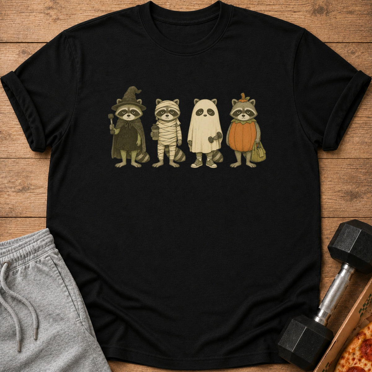 Four raccoons in Halloween costumes: witch, mummy, ghost, and pumpkin.