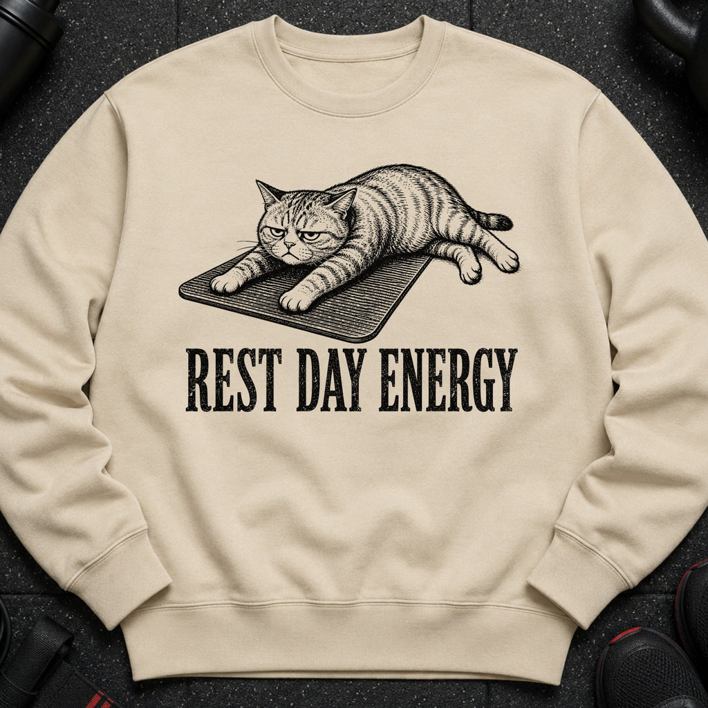 Light tan sweatshirt with graphic of a grumpy cat and text "REST DAY ENERGY".
