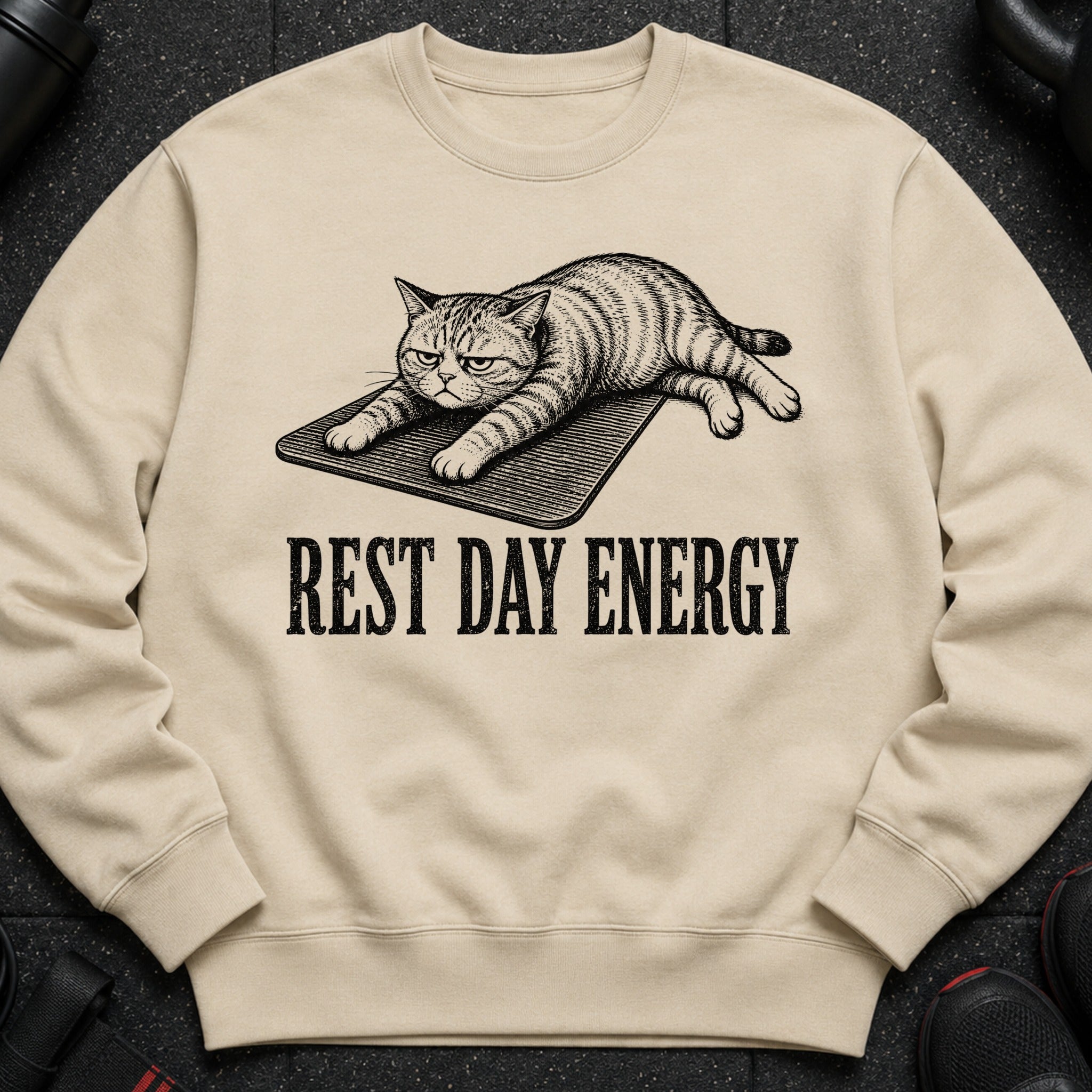 Light tan sweatshirt with graphic of a grumpy cat and text "REST DAY ENERGY".