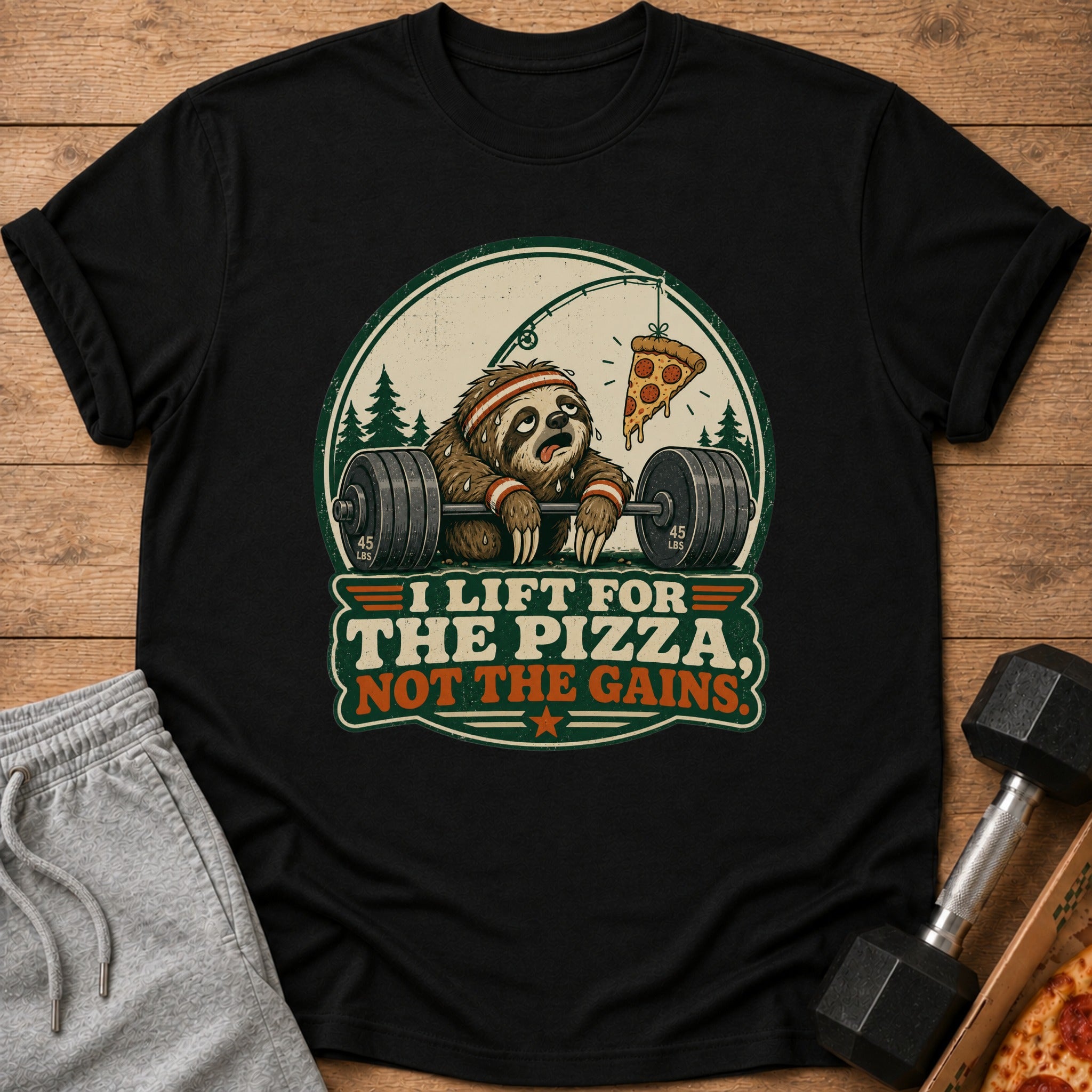 Black t-shirt with a sloth lifting weights and a pizza graphic and text.