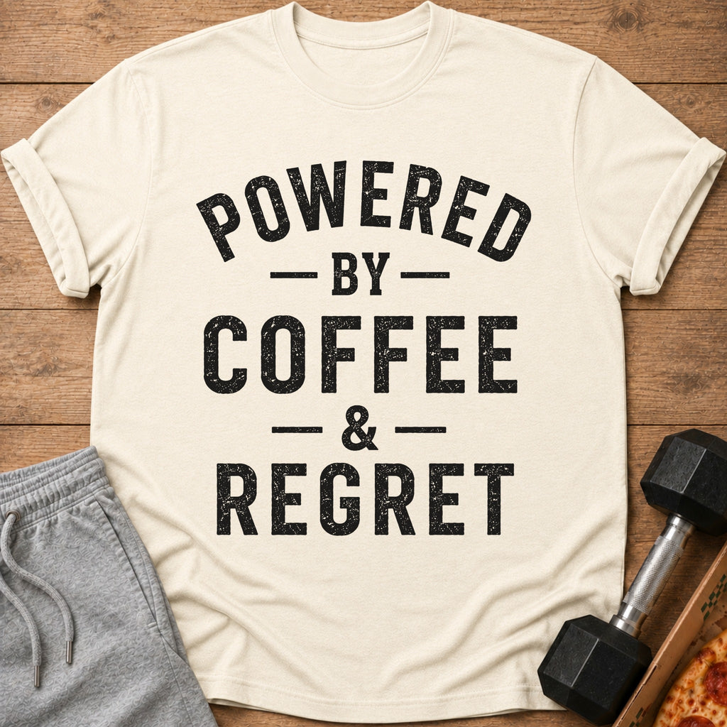 Cream t-shirt with black text "POWERED BY COFFEE & REGRET".