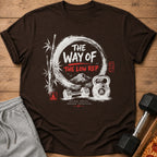 Brown t-shirt with "The Way of The Low Rep" text, kettlebell, dumbbell, and mountains.