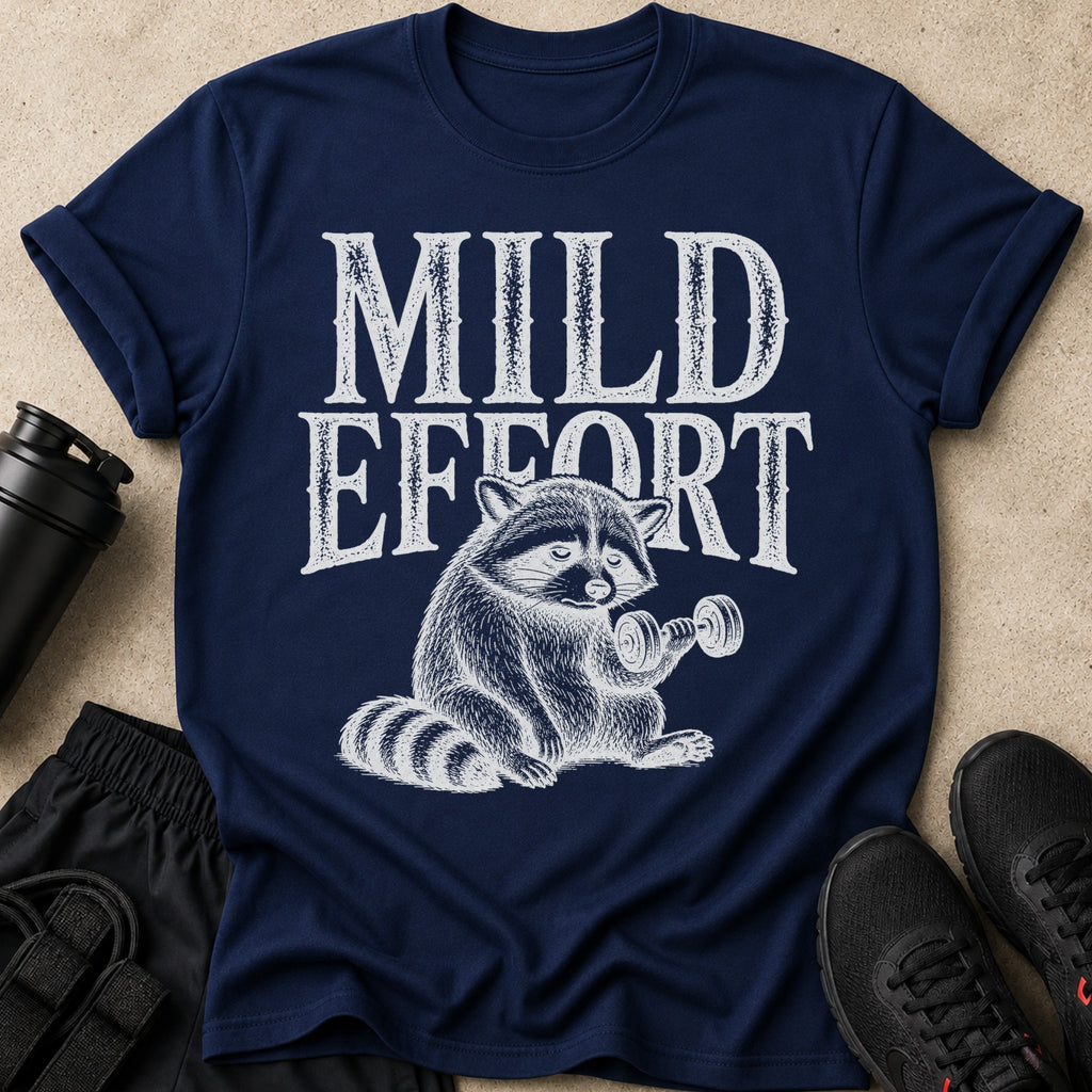 Navy t-shirt with vintage raccoon lifting dumbbell graphic and text "MILD EFFORT".